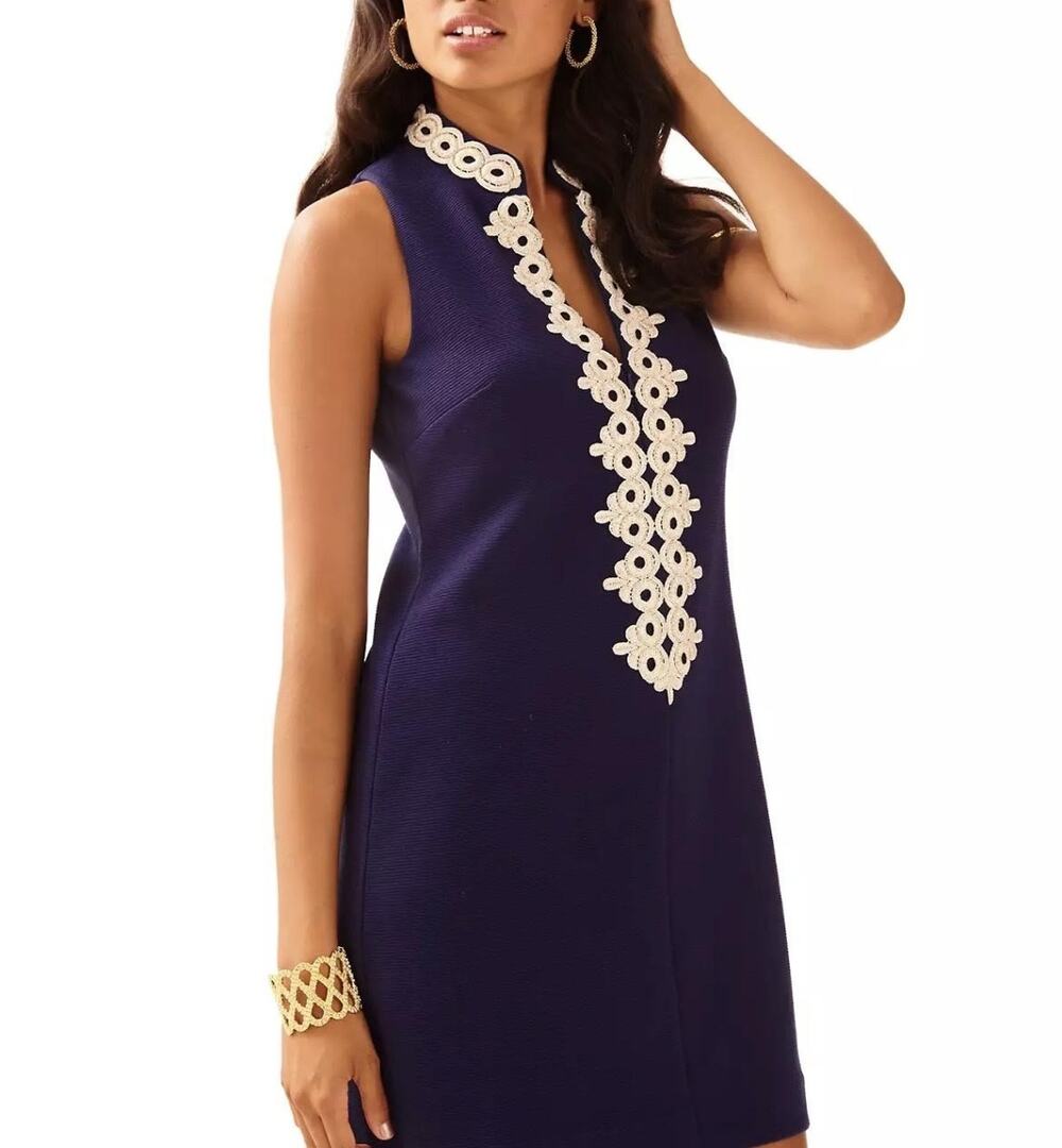 Lilly Pulitzer Callista Shift Dress Womens XL Navy Blue Embroidered Lace Mini